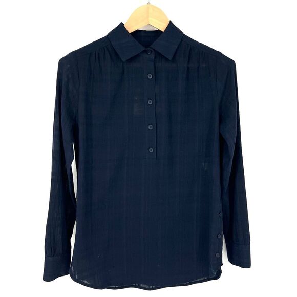 ANNE KLEIN Top Womens Size XS Collared Henley 1/4 Button‎ Shirt Navy Gauze NWT - Picture 1 of 15